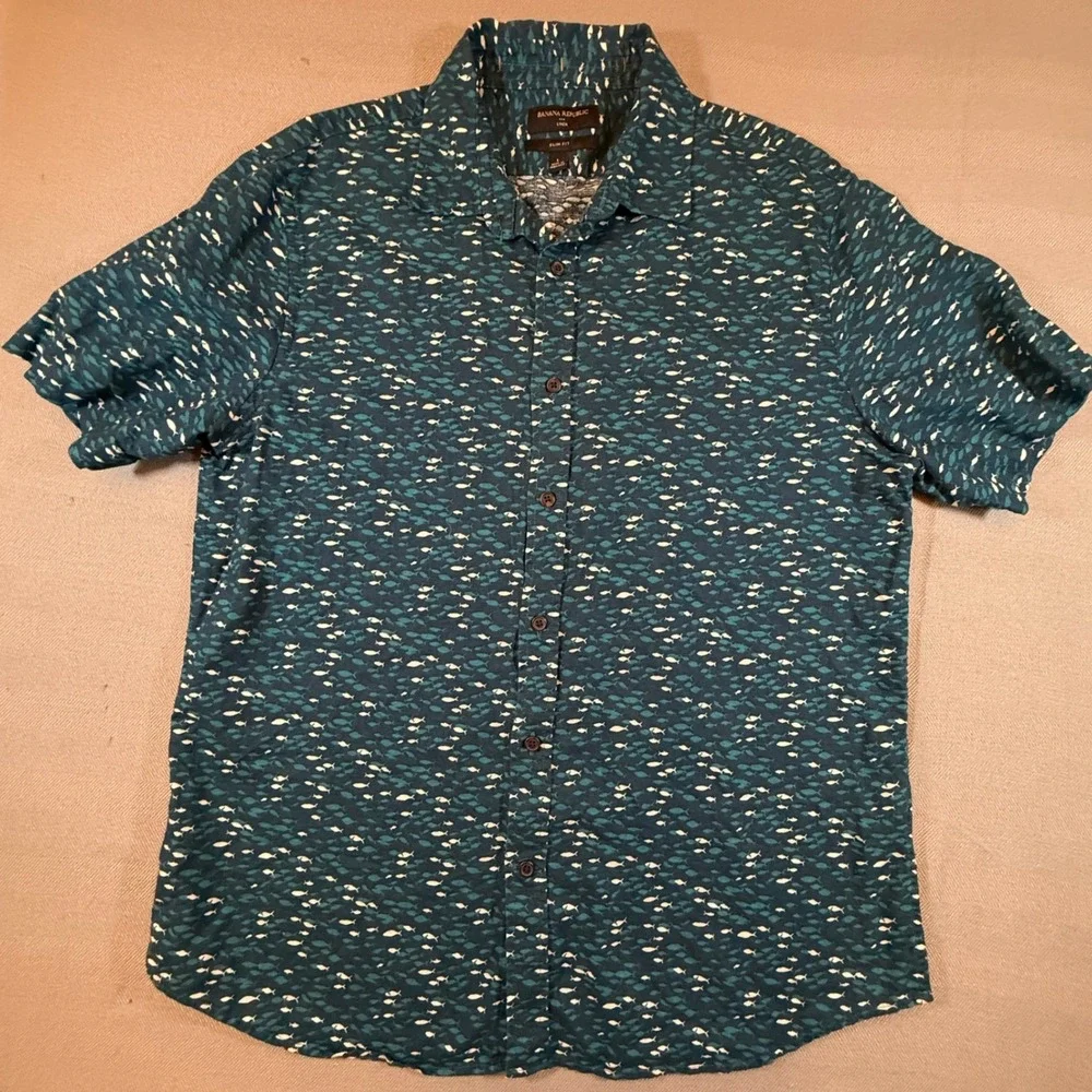 Banana Republic Mens L Slim Fit Linen Blend Fish Print Short Sleeve Shirt Blue